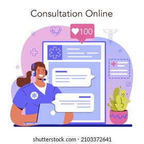 Ambulance Online Service Or Platform. Emergency Doctor In The Uniform Performing First Aid. Paramedics Urgent Care. Online Consultation. Flat Vector Illustration