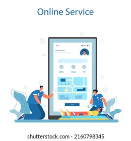 Ambulance Online Service Or Platform. Emergency Doctor In The Uniform Performing First Aid. Paramedics Urgent Care. Healthcare, Modern Medicine Treatment. Flat Vector Illustration