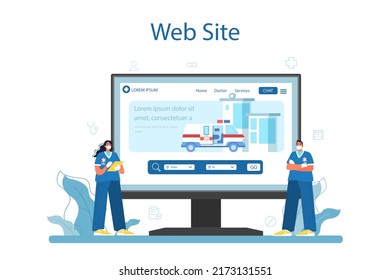 Ambulance Online Service Or Platform. Emergency Doctor In The Uniform Performing First Aid. Paramedics Urgent Care. Healthcare, Modern Medicine Treatment. Website. Flat Vector Illustration