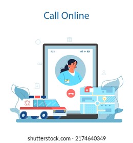 Ambulance Online Service Or Platform. Emergency Doctor In The Uniform Performing First Aid. Paramedics Urgent Care. Healthcare, Modern Medicine Treatment. Online Call. Flat Vector Illustration