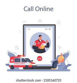 Ambulance Online Service Or Platform. Emergency Medical Technician In The Uniform Performing First Aid. Paramedics Urgent Care. Online Call. Flat Vector Illustration