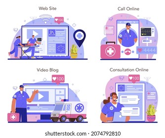 Ambulance Online Service Or Platform Set. Emergency Doctor In The Uniform Performing First Aid. Paramedics Urgent Care. Online Consultation, Call, Video Blog, Website. Flat Vector Illustration