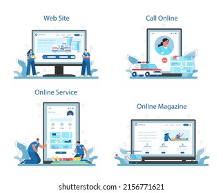 Ambulance Online Service Or Platform Set. Emergency Doctor In The Uniform Performing First Aid. Paramedics Urgent Care. Online Magazine, Call, Website. Flat Vector Illustration