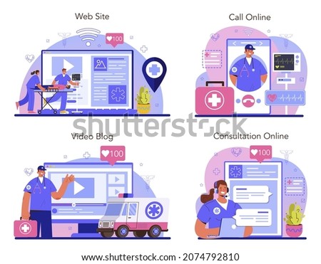 Ambulance online service or platform set. Emergency doctor in the uniform performing first aid. Paramedics urgent care. Online consultation, call, video blog, website. Flat vector illustration
