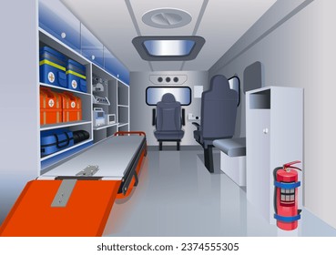 Ambulance with open doors. Inside view of ambulance. Vector illustration.

