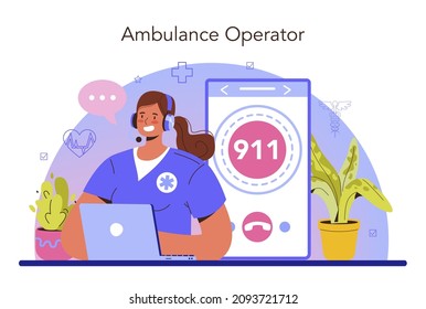 Ambulance Operator. Medical Call Center Operator. Paramedics Urgent Care. Healthcare, Modern Medicine Treatment. Flat Vector Illustration