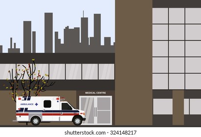 The ambulance opposite the of the hospital. Vector illustration.