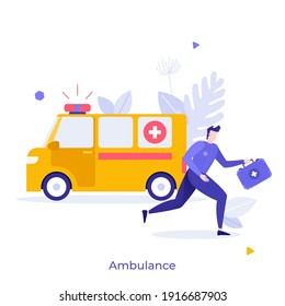 Ambulance and paramedic, doctor or physician with first aid kit rushing to help. Concept of professional emergency medical service, pre-hospital treatment. Modern flat colorful vector illustration.