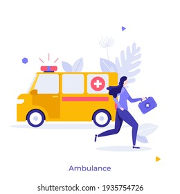Ambulance and paramedic, doctor or physician with first aid kit rushing to help. Concept of professional emergency medical service, pre-hospital treatment. Modern flat colorful vector illustration.