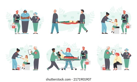 Ambulance paramedic medical staff characters set, flat vector illustration isolated on white background. Ambulance team equipped