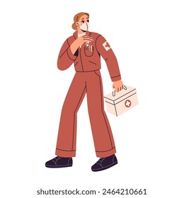 Ambulance paramedic in uniform holds first aid box in hand. Emergency doctor carries medical kit. Professional medic in protective mask goes. Flat isolated vector illustration on white background
