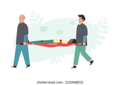 Ambulance paramedics carry an injured person on stretcher. Providing emergency medical care in emergency cases, flat vector illustration isolated on white background.