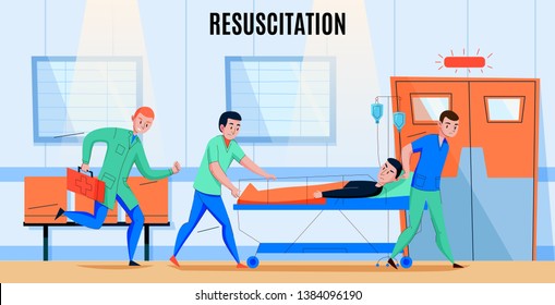 Ambulance Paramedics Crew Rushing Injured Patient To Hospital Emergency Department   Resuscitation Area Flat Composition Vector Illustration