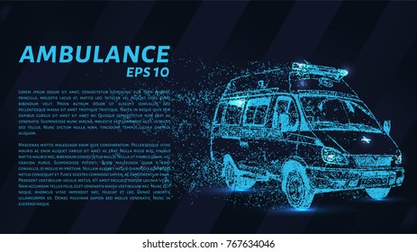 Ambulance of particles. Ambulance on a dark background. Vector illustration.