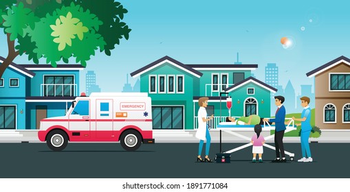 Ambulance picks up patients at home with doctors and nurses.