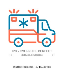 Krankenwagen Pixel perfekt zwei Farben Linie Symbol. Sanitätsdienst, Rettungseinsatz. Paramedic Transport zweifarbige Umrisssymbol. Lineares Piktogramm mit Duoton. Isolierte Abbildung. Bearbeitbarer Strich