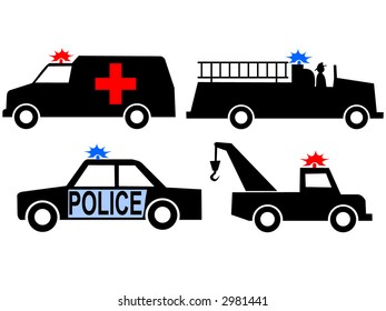 Ambulance police car fire truck and tow truck silhouettes