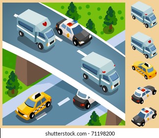 Ambulance and police car. vector vehicle set isometric series