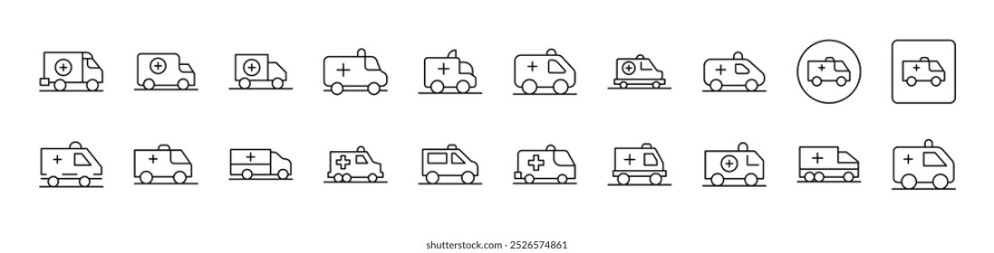 Ícones de linha relacionados a ambulância para sites, livros, cartões, aplicativos. Traço editável. Adequado para sites, livros, cartões, aplicativos