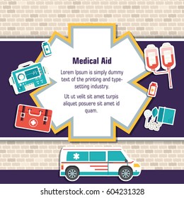Ambulance rescue elements on brick wall background poster in sticker style design. Vector illustration template card concept