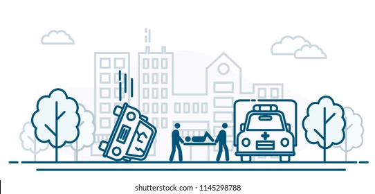 Ambulance rescues a person after an accident. Crashed car