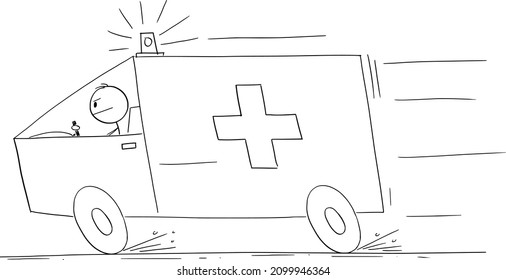 Ambulance responding to emergency, vector cartoon stick figure or character illustration.