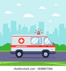 an ambulance rides on a call against the backdrop of a cityscape. flat vector illustration.