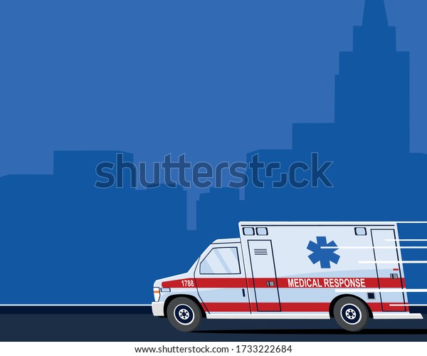 An ambulance rushes at high speed\
along the highway in the city. Medicine. First\
aid.\
