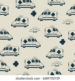 Ambulance seamless pattern. Outline style. Sketched. Medical print. Background. Vector.