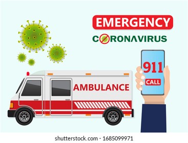 Ambulance service. 911 urgent hospital emergency call for corona virus. Vector Illustrations