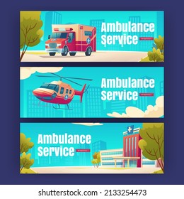 Ambulance Service Cartoon Banners. Medical Helicopter And Car On Urban Cityscape Background. Emergency Hospital Call, Rescue Team Transport. Medicine Aid, Safety, Vector Illustration, Footer, Header