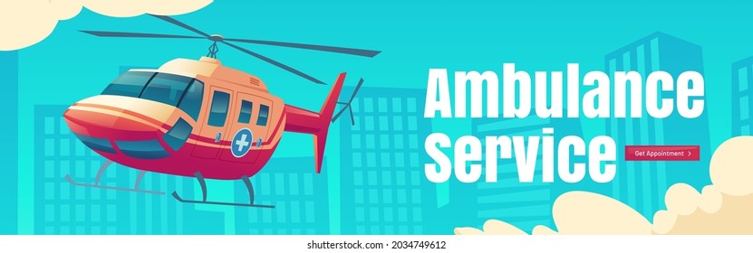 Ambulance service cartoon web banner. Medical helicopter flying in sky on urban cityscape background. Emergency rescue team on air transport. Medicine aid, saferty, hospital call, Vector illustration