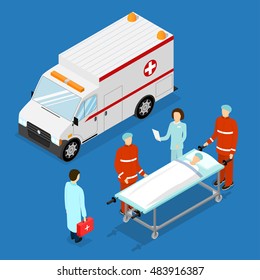 Ambulance Service Concept. Isometric doctors and nurse, patient. Vector illustration of first aid ambulance car