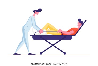 Ambulance Service Concept. Medic Pushing Wheeled Bed with Man Patient with Broken Leg. Emergency Paramedic Doctors Character Medical Staff Occupation, Health Care. Cartoon Flat Vector Illustration