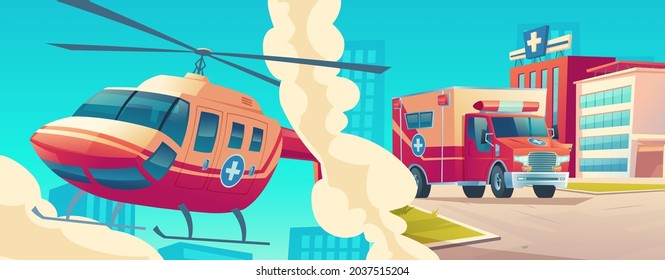 Ambulance service concept, medical helicopter and car rush to the rescue on cityscape background. Emergency team on air and road transport. Medicine aid, hospital call, Cartoon vector illustration
