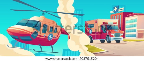 Ambulance service concept, medical\
helicopter and car rush to the rescue on cityscape background.\
Emergency team on air and road transport. Medicine aid, hospital\
call, Cartoon vector\
illustration