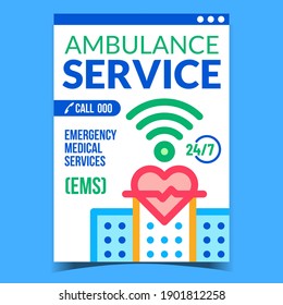 Ambulance Service Creative Promotion Banner Vector. Wifi Internet Connection, Cardio Examining Emergency Medical Service Advertising Poster. Concept Template Style Color Illustration