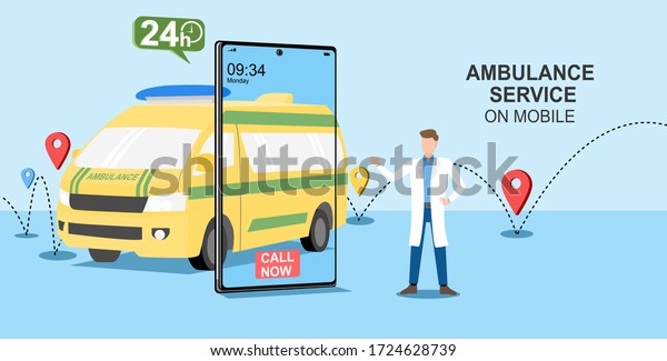 Ambulance service on mobile vector illustration.\
Doctor stands near ambulance service application on mobile.\
Healthcare concept. Health insurance\
service.