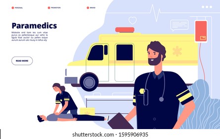 Ambulance Service. Paramedic Nurses, Emergency Doctor Transport. First Help Or Health Protection Banner. Vector Medical Work Landing Page