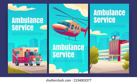 Ambulance service posters with hospital building, medical car and helicopter. Vector banners of emergency rescue, urgent first aid service with cartoon illustration of clinic and healthcare transport