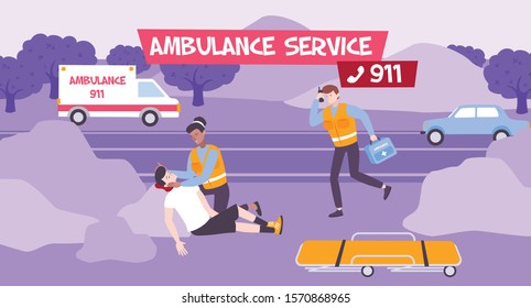 Ambulance service vector illustration with team of doctors provided first aid to patient outdoor