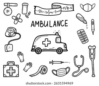 Ambulance set. Hand drawn doodle illustration. Medical car of doctors. Providing emergency care. Help. Injections, pills, crutches. Vector line art group of elements.