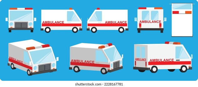 Equipo de ambulancia. El Vehículo está aislado y se muestra en varios ángulos. ambulancia de dibujos animados al estilo vector.