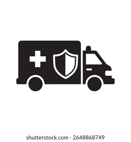 Ambulance with a shield for medical protection and health insurance A glyph icon representing emergency vehicle safety and secure patient transport and care