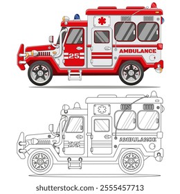 Ambulance. Side view. Coloring. Isolated on white background. Vector illustration.
