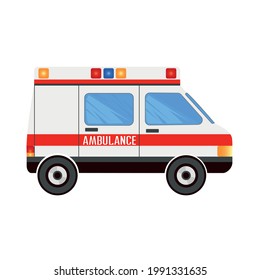 Ambulance side view. Vector illustration of an ambulance car in cartoon style on a white background.