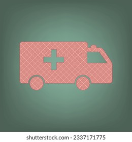 Ambulance sign illustration. Apricot Icon with Brick Red parquet floor graphic pattern on a Ebony background. Feldgrau. Green. Illustration.