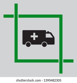 Ambulance sign illustration. Black icon inside green crop tool at light gray background