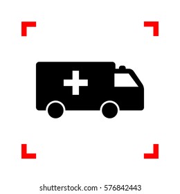 Ambulance sign illustration. Black icon in focus corners on white background. Isolated.
