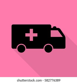 Ambulance sign illustration. Black icon with flat style shadow path on pink background.